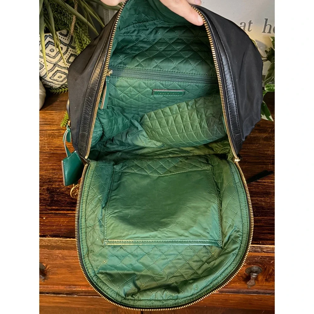 Tory Burch Black Nylon Backpack Gold Hardware Green Quilted Interior